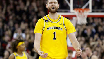MADISON, WISCONSIN - FEBRUARY 14: Hunter Dickinson #1 of the Michigan Wolverines reacts after a call during the second half of the game against the Wisconsin Badgers at Kohl Center on February 14, 2023 in Madison, Wisconsin. (Photo by John Fisher/Getty Images)