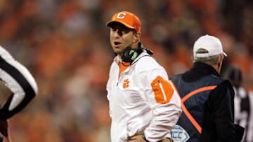 CLEMSON, SC - NOVEMBER 26: Head Coach Dabo Swinney of the Clemson Tigers reacts after a call during the game against the South Carolina Gamecocks at Memorial Stadium on November 26, 2016 in Clemson, South Carolina. (Photo by Tyler Smith/Getty Images)