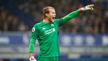 LIVERPOOL, ENGLAND - APRIL 07: Loris Karius of Liverpool gives his team instructions during the Premier League match between Everton and Liverpool at Goodison Park on April 7, 2018 in Liverpool, England. (Photo by Julian Finney/Getty Images)