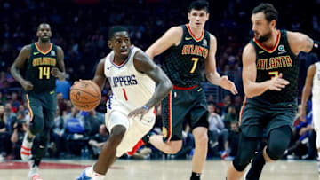 LOS ANGELES, CA - JANUARY 8: Jawun Evans #1 of the LA Clippers handles the ball against the Atlanta Hawks on January 8, 2018 at STAPLES Center in Los Angeles, California. NOTE TO USER: User expressly acknowledges and agrees that, by downloading and/or using this photograph, user is consenting to the terms and conditions of the Getty Images License Agreement. Mandatory Copyright Notice: Copyright 2018 NBAE (Photo by Chris Elise/NBAE via Getty Images)