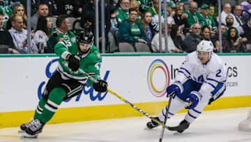 DALLAS, TX - JANUARY 25: Dallas Stars right wing Alexander Radulov (47) and Toronto Maple Leafs defenseman Ron Hainsey (2) chase the puck during the game between the Dallas Stars and the Toronto Maple Leafs on Thursday 25, 2018 at the American Airlines Center in Dallas, Texas. Toronto defeats Dallas 4-1. (Photo by Matthew Pearce/Icon Sportswire via Getty Images)