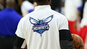 Oct 8, 2014; Philadelphia, PA, USA; The Charlotte Hornets logo on the back of a warm up suit before a game against the Philadelphia 76ers at the Wells Fargo Center. The 76ers defeated the Hornets 106-92. Mandatory Credit: Bill Streicher-USA TODAY Sports