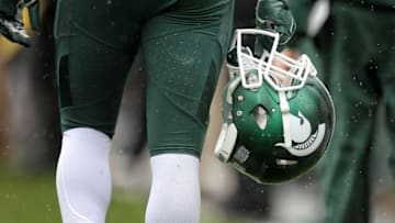 Oct 3, 2015; East Lansing, MI, USA; General view of Michigan State Spartans helmet during the 1st quarter of a game against the Purdue Boilermakers at Spartan Stadium. Mandatory Credit: Mike Carter-USA TODAY Sports
