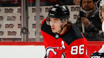 Jack Hughes #86 of the New Jersey Devils skates against the Florida Panthers at the Prudential Center on April 02, 2022 in Newark, New Jersey. (Photo by Bruce Bennett/Getty Images)
