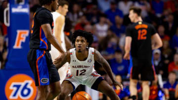 Auburn basketballFeb 19, 2022; Gainesville, Florida, USA; Auburn Tigers guard Zep Jasper (12) plays defense during the first half against the Florida Gators at Billy Donovan Court at Exactech Arena. Mandatory Credit: Matt Pendleton-USA TODAY Sports