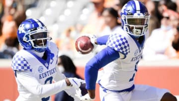 Oct 17, 2020; Knoxville, TN, USA; Kentucky defensive back Kelvin Joseph (1) celebrates a touchdown after making an interception in the second quarter during a game between Tennessee and Kentucky at Neyland Stadium in Knoxville, Tenn. on Saturday, Oct. 17, 2020.Mandatory Credit: Calvin Mattheis-USA TODAY NETWORK
