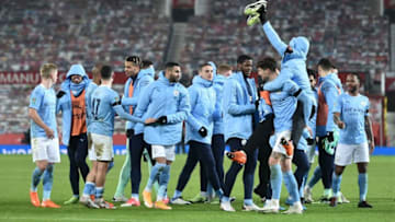Manchester City's players react at the final whistle during the English League Cup semi final first leg football match between Manchester United and Manchester City at Old Trafford in Manchester, north west England, on January 6, 2021. (Photo by PETER POWELL / POOL / AFP) / RESTRICTED TO EDITORIAL USE. No use with unauthorized audio, video, data, fixture lists, club/league logos or 'live' services. Online in-match use limited to 120 images. An additional 40 images may be used in extra time. No video emulation. Social media in-match use limited to 120 images. An additional 40 images may be used in extra time. No use in betting publications, games or single club/league/player publications. / (Photo by PETER POWELL/POOL/AFP via Getty Images)