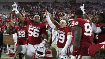 Sep 10, 2022; Norman, Oklahoma, USA; Oklahoma Sooners defensive lineman Gracen Halton (56) celebrates with teammates after the game against the Kent State Golden Flashes at Gaylord Family-Oklahoma Memorial Stadium. Mandatory Credit: Kevin Jairaj-USA TODAY Sports