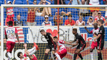 Sep 11, 2016; Harrison, NJ, USA; New York Red Bulls midfielder Gonzalo Veron (30) celebrates after scoring a goal against the D.C. United during the first half at Red Bull Arena. Mandatory Credit: Vincent Carchietta-USA TODAY Sports