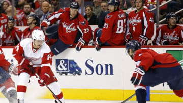 Dec 8, 2015; Washington, DC, USA; Detroit Red Wings center Gustav Nyquist (14) skates with the puck as Washington Capitals defenseman Taylor Chorney (4) defends in the third period at Verizon Center. The Capitals won 3-2 in a shootout. Mandatory Credit: Geoff Burke-USA TODAY Sports