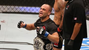 LAS VEGAS, NV - JULY 07: Eddie Alvarez celebrates after knocking out Rafael Dos Anjos of Brazil to win the UFC lightweight championship during the UFC Fight Night event inside the MGM Grand Garden Arena on July 7, 2016 in Las Vegas, Nevada. (Photo by Ed Mulholland/Zuffa LLC/Zuffa LLC via Getty Images)