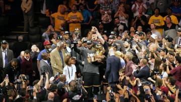 June 19, 2016; Oakland, CA, USA; Cleveland Cavaliers forward LeBron James (23) and the Cavaliers celebrate the championship victory against the Golden State Warriors following game seven of the NBA Finals at Oracle Arena. Mandatory Credit: Kelley L Cox-USA TODAY Sports