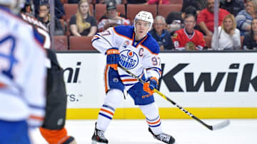 Nov 15, 2016; Anaheim, CA, USA; Edmonton Oilers center Connor McDavid (97) passes during the first period against the Anaheim Ducks at Honda Center. Mandatory Credit: Jake Roth-USA TODAY Sports