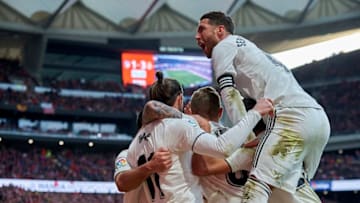 Gareth Bale of Real Madrid celebrates after scoring his sides first goal whit Toni Kroos,Sergio Ramos and Sergio Reguilon during the week 23 of La Liga match between Atletico Madrid and Real Madrid at Wanda Metropolitno stadium on Febreary 09 2019, in Madrid, Spain . (Photo by Jose Breton/NurPhoto via Getty Images)