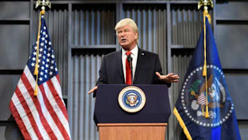 SATURDAY NIGHT LIVE -- 'Kumail Nanjiani' Episode 1728 -- Pictured: Alec Baldwin as President Donald J. Trump during 'Trucker Rally Cold Open' on Saturday, October 14, 2017 in Studio 8H -- (Photo by: Will Heath/NBC/NBCU Photo Bank via Getty Images)