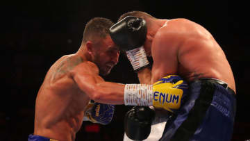 LONDON, ENGLAND - AUGUST 31: Vasily Lomachenko (left) and Luke Campbell are pictured during the WBA, WBO, WBC Lightweight World Title contest between Vasily Lomachenko and Luke Campbell at The O2 Arena on August 31, 2019 in London, England. (Photo by Richard Heathcote/Getty Images)