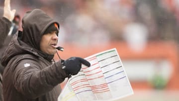 Dec 11, 2016; Cleveland, OH, USA; Cleveland Browns head coach Hue Jackson yells out to his players during the first quarter against the Cincinnati Bengals at FirstEnergy Stadium. Mandatory Credit: Scott R. Galvin-USA TODAY Sports