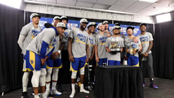 PORTLAND, OR - MAY 20: The Golden State Warriors are presented the Western Conference Finals Trophy after Game Four of the Western Conference Finals against the Portland Trail Blazers on May 20, 2019 at the Moda Center in Portland, Oregon. NOTE TO USER: User expressly acknowledges and agrees that, by downloading and/or using this photograph, user is consenting to the terms and conditions of the Getty Images License Agreement. Mandatory Copyright Notice: Copyright 2019 NBAE (Photo by Andrew D. Bernstein/NBAE via Getty Images)