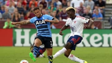 Jul 29, 2015; Denver, CO, USA; Tottenham Hotspur defender Kyle Walker (2) and MLS All Star forward Gyasi Zardes (30) of the LA Galaxy compete for the ball during the first half of the 2015 MLS All Star Game at Dick