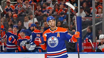 Edmonton Oilers defensemen Darnell Nurse, #25, celebrates goal. Mandatory Credit: Perry Nelson-USA TODAY Sports