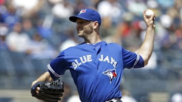 Aug 17, 2016; Bronx, NY, USA; Toronto Blue Jays starting pitcher J.A. Happ (33) delivers a pitch against the New York Yankees during the first inning at Yankee Stadium. Mandatory Credit: Adam Hunger-USA TODAY Sports