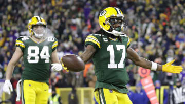 Jan 2, 2022; Green Bay, WI, USA; Green Bay Packers wide receiver Davante Adams (17) celebrates a second quarter touchdown against the Minnesota Vikings at Lambeau Field. Mandatory Credit: Dan Powers/Appleton Post-Crescent -USA TODAY NETWORK