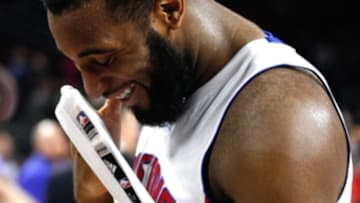 Mar 24, 2015; Auburn Hills, MI, USA; Detroit Pistons center Andre Drummond (0) after the game against the Toronto Raptors at The Palace of Auburn Hills. Pistons beat the Raptors 108-104. Mandatory Credit: Raj Mehta-USA TODAY Sports