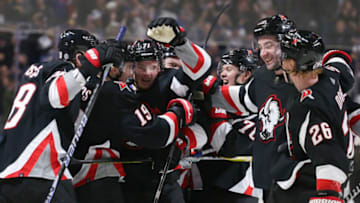 BUFFALO, NEW YORK - JANUARY 07: Buffalo Sabres players celebrate after a game-winning overtime goal by Victor Olofsson #71 against the Minnesota Wild at KeyBank Center on January 07, 2023 in Buffalo, New York. (Photo by Joshua Bessex/Getty Images)