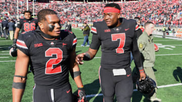 COLUMBUS, OH - NOVEMBER 3: J.K. Dobbins #2 of the Ohio State Buckeyes and Dwayne Haskins #7 of the Ohio State Buckeyes walk off the field after a victory over the Nebraska Cornhuskers at Ohio Stadium on November 3, 2018 in Columbus, Ohio. (Photo by Jamie Sabau/Getty Images)