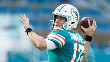 MIAMI, FLORIDA - DECEMBER 23: Ryan Tannehill #17 of the Miami Dolphins warms up prior to their game against the Jacksonville Jaguars at Hard Rock Stadium on December 23, 2018 in Miami, Florida. (Photo by Michael Reaves/Getty Images)