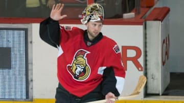 Apr 12, 2014; Ottawa, Ontario, CAN; Ottawa Senators goalie Craig Anderson (41) is named the first star in game against the Toronto Maple Leafs at the Canadian Tire Centre. The Senators defeated the Maple Leafs 1-0. Mandatory Credit: Marc DesRosiers-USA TODAY Sports