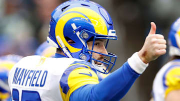 SEATTLE, WASHINGTON - JANUARY 08: Baker Mayfield #17 of the Los Angeles Rams looks on during the first quarter against the Seattle Seahawks at Lumen Field on January 08, 2023 in Seattle, Washington. (Photo by Steph Chambers/Getty Images)