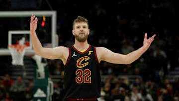 MILWAUKEE, WISCONSIN - DECEMBER 18: Dean Wade #32 of the Cleveland Cavaliers reacts after a call during the second half of the game against the Milwaukee Bucks at Fiserv Forum on December 18, 2021 in Milwaukee, Wisconsin. NOTE TO USER: User expressly acknowledges and agrees that, by downloading and or using this photograph, User is consenting to the terms and conditions of the Getty Images License Agreement. (Photo by John Fisher/Getty Images)