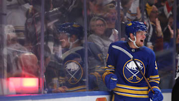 Nov 10, 2022; Buffalo, New York, USA; Buffalo Sabres center Casey Mittelstadt (37) reacts after scoring a goal during the second period against the Vegas Golden Knights at KeyBank Center. Mandatory Credit: Timothy T. Ludwig-USA TODAY Sports