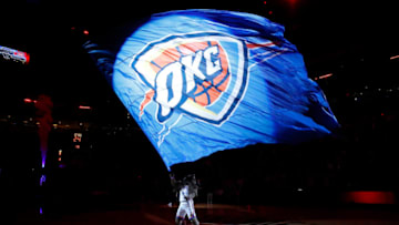 Jan 27, 2020; Oklahoma City, Oklahoma, USA; Oklahoma City Thunder Mascot Rumble The Bison waves an OKC Thunder flag before the start of a game against the Dallas Mavericks at Chesapeake Energy Arena. Mandatory Credit: Alonzo Adams-USA TODAY Sports