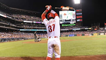 Sep 17, 2016; Philadelphia, PA, USA; Philadelphia Phillies center fielder Odubel Herrera (37) waits on deck against the Miami Marlins at Citizens Bank Park. Mandatory Credit: Eric Hartline-USA TODAY Sports