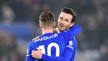 LEICESTER, ENGLAND - JANUARY 22: Ben Chilwell of Leicester City celebrates with teammate James Maddison after their team's fourth goal during the Premier League match between Leicester City and West Ham United at The King Power Stadium on January 22, 2020 in Leicester, United Kingdom. (Photo by Michael Regan/Getty Images)