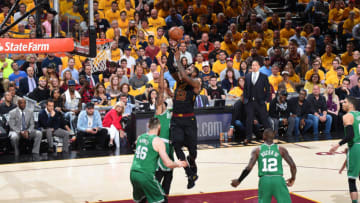 CLEVELAND, OH - MAY 21: LeBron James #23 of the Cleveland Cavaliers shoots the ball against the Boston Celtics in Game Four of the Eastern Conference Finals of the 2018 NBA Playoffs on May 21, 2018 at Quicken Loans Arena in Cleveland, Ohio. NOTE TO USER: User expressly acknowledges and agrees that, by downloading and or using this Photograph, user is consenting to the terms and conditions of the Getty Images License Agreement. Mandatory Copyright Notice: Copyright 2018 NBAE (Photo by Brian Babineau/NBAE via Getty Images)