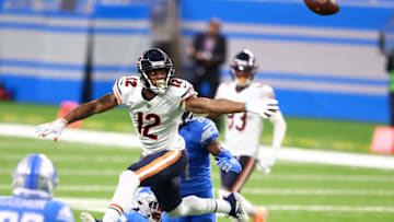 DETROIT, MI - SEPTEMBER 13: Allen Robinson II #12 of the Chicago Bears attempts to make a catch in the first quarter against the Detroit Lions at Ford Field on September 13, 2020 in Detroit, Michigan. (Photo by Rey Del Rio/Getty Images)