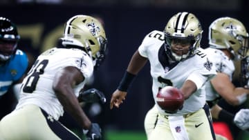 Aug 23, 2021; New Orleans, Louisiana, USA; New Orleans Saints quarterback Jameis Winston (2) hands the ball off to running back Latavius Murray (28) against the Jacksonville Jaguars during the first half at Caesars Superdome. Mandatory Credit: Stephen Lew-USA TODAY Sports