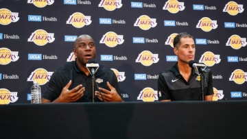 EL SEGUNDO, CA - SEPTEMBER 20: Earvin "Magic" Johnson and Rob Pelinka discuss the upcoming Los Angeles Lakers' season at UCLA Health Training Center on September 20, 2018 in El Segundo, California. (Photo by Meg Oliphant/Getty Images)