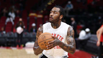 Nov 27, 2021; Houston, Texas, USA; Houston Rockets guard John Wall (1) warms up before the game against the Charlotte Hornets at Toyota Center. Mandatory Credit: Troy Taormina-USA TODAY Sports