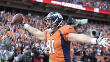 Jan 24, 2016; Denver, CO, USA; Denver Broncos tight end Owen Daniels (81) celebrates his touchdown during the first half in the AFC Championship football game at Sports Authority Field at Mile High. Mandatory Credit: Ron Chenoy-USA TODAY Sports
