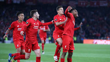 BASEL, SWITZERLAND - MAY 18: Daniel Sturridge (1st R) of Liverpool celebrates scoring his team's first goal with his team mates Roberto Firmino (1st L), Adam Lallana (2nd L) and Philippe Coutinho (2nd R) during the UEFA Europa League Final match between Liverpool and Sevilla at St. Jakob-Park on May 18, 2016 in Basel, Switzerland. (Photo by Lars Baron/Getty Images)