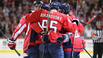 WASHINGTON, DC - FEBRUARY 26: Brett Connolly #10 of the Washington Capitals celebrates his goal with teammates against the Ottawa Senators during the second period at Capital One Arena on February 26, 2019 in Washington, DC. (Photo by Patrick Smith/Getty Images)