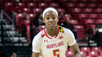 COLLEGE PARK, MD - FEBRUARY 21: Maryland Terrapins guard Kaila Charles (5) starts an attack during a women's college basketball game between the Maryland Terrapins and the Minnesota Golden Gophers, on February 21, 2019, at Xfinity Center, in College Park, Maryland.(Photo by Tony Quinn/Icon Sportswire via Getty Images)