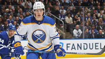 TORONTO, ON - APRIL 12: Owen Power #25 of the Buffalo Sabres skates in his 1st NHL game against the Toronto Maple Leafs at Scotiabank Arena on April 12, 2022 in Toronto, Ontario, Canada. The Sabres defeated the Maple Leafs 5-2. (Photo by Claus Andersen/Getty Images)