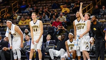 Dec 5, 2016; Iowa City, IA, USA; The Iowa Hawkeyes bench reacts during the second half against the Stetson Hatters at Carver-Hawkeye Arena. Iowa won 95-68. Mandatory Credit: Jeffrey Becker-USA TODAY Sports