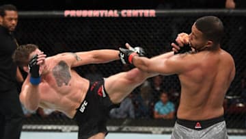 NEWARK, NJ - AUGUST 03: (L-R) Gerald Meerschaert kicks Trevin Giles in their middleweight bout during the UFC Fight Night event at the Prudential Center on August 3, 2019 in Newark, New Jersey. (Photo by Josh Hedges/Zuffa LLC/Zuffa LLC via Getty Images)