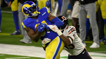 Oct 26, 2020; Inglewood, California, USA; Los Angeles Rams tight end Gerald Everett (81) catches a pass in front of Chicago Bears free safety Eddie Jackson (39) during the third quarter at SoFi Stadium. Mandatory Credit: Robert Hanashiro-USA TODAY Sports